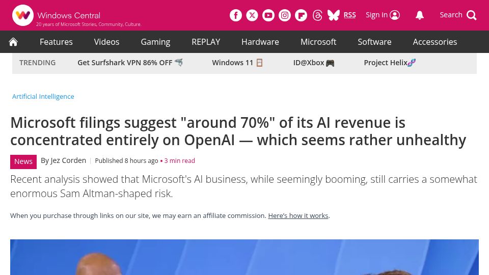 Screenshot of windowscentral.com: Microsoft filings suggest "around 70%" of its AI revenue is on OpenAI