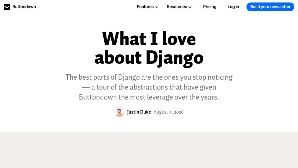 Screenshot of buttondown.com: What I love about Django