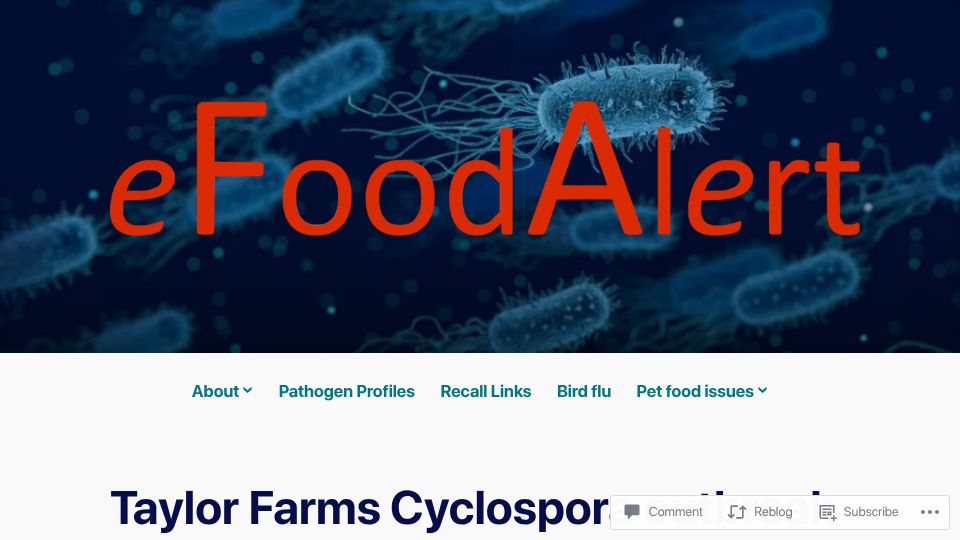 Screenshot of efoodalert.com: Taylor Farms Cyclospora outbreak triples in size