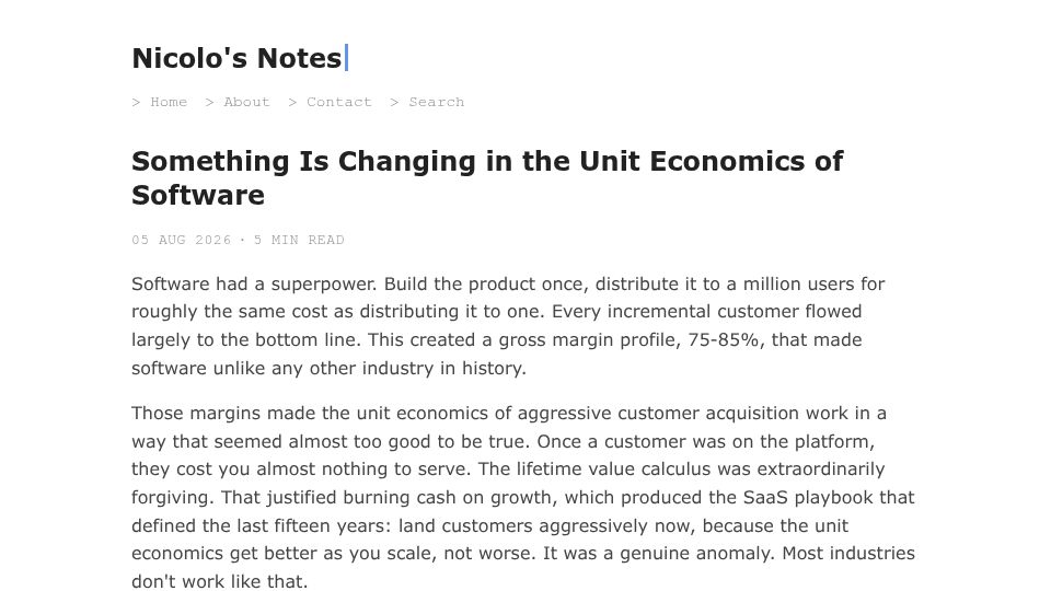 Screenshot of nicolo.xyz: Something is changing in the unit economics of software