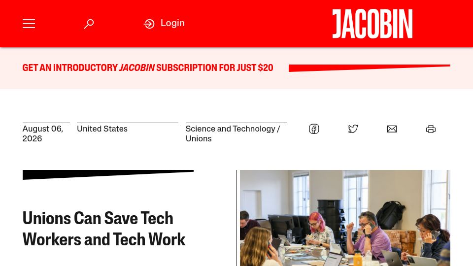 Screenshot of jacobin.com: Unions Can Save Tech Workers and Tech Work