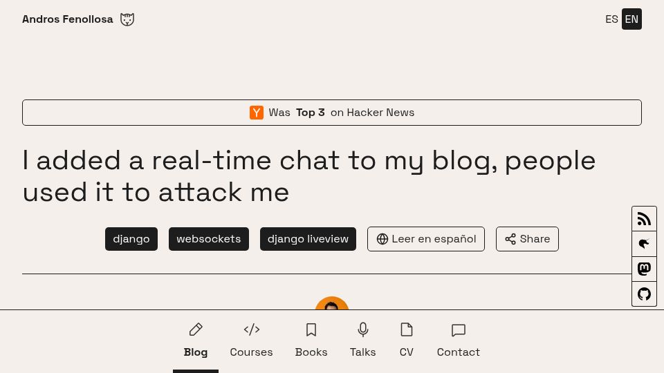 Screenshot of en.andros.dev: I added a real-time chat to my blog, people used it to attack me