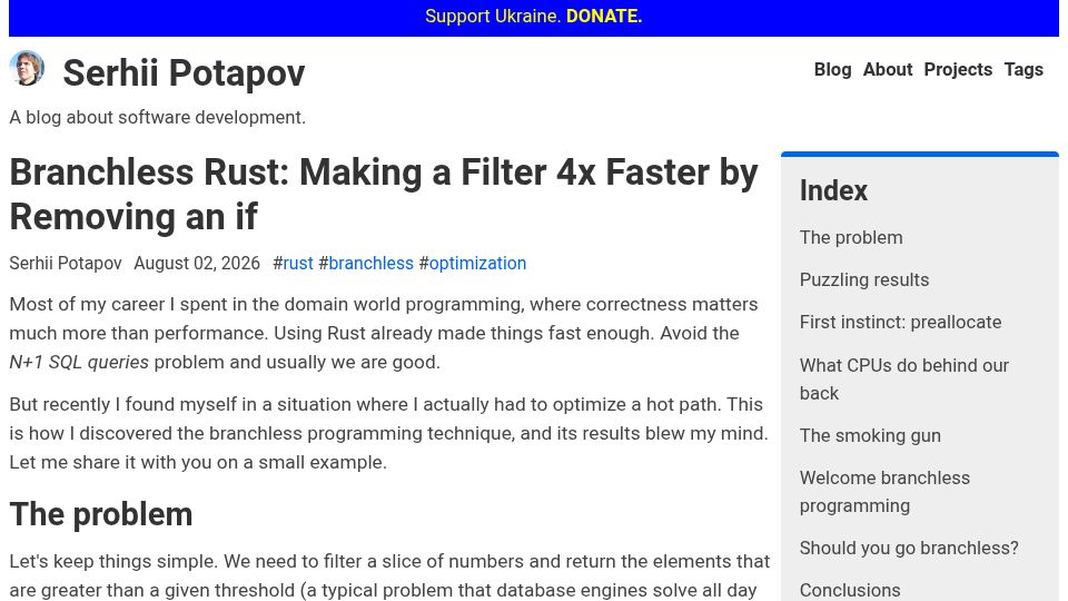 Screenshot of greyblake.com: Branchless Rust: Making a Filter 4x Faster by Removing an If