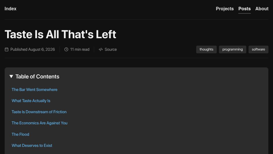 Screenshot of notashelf.dev: Taste Is All That's Left