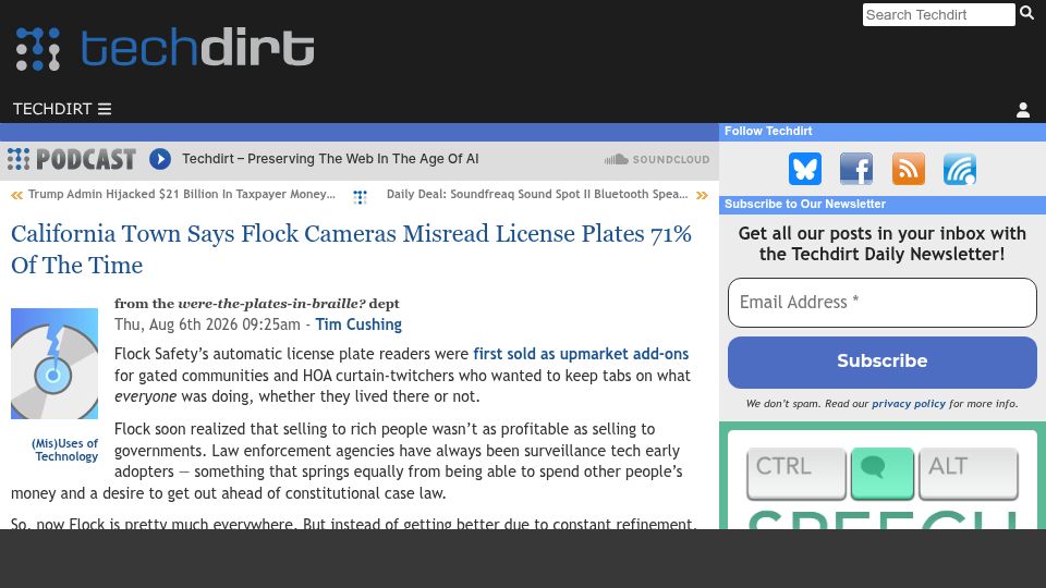 Screenshot of techdirt.com: California Town Says Flock Cameras Misread License Plates 71% of the Time