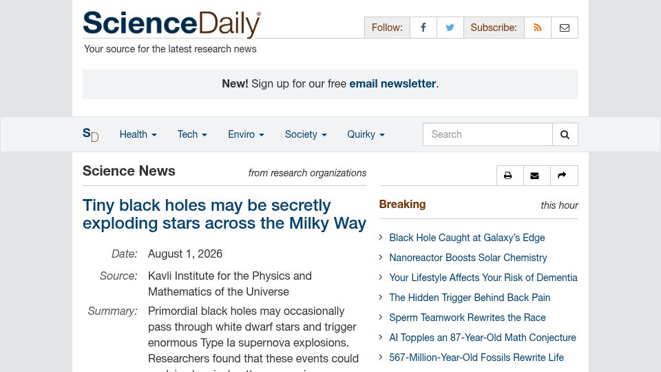 Screenshot of sciencedaily.com: Tiny black holes may be exploding stars across the Milky Way
