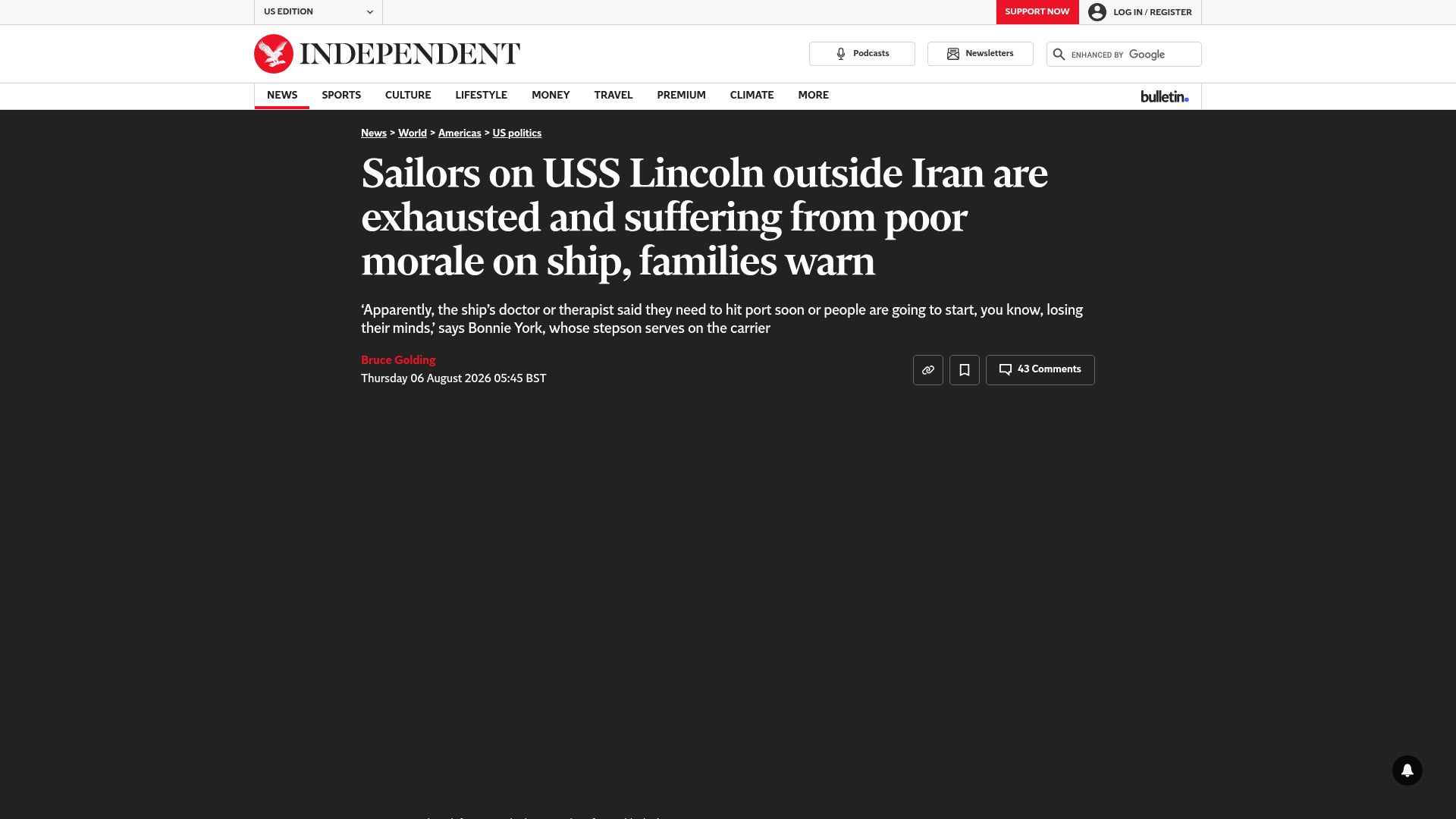 Screenshot of independent.co.uk: Sailors on USS Lincoln outside Iran are exhausted and suffering from poor morale