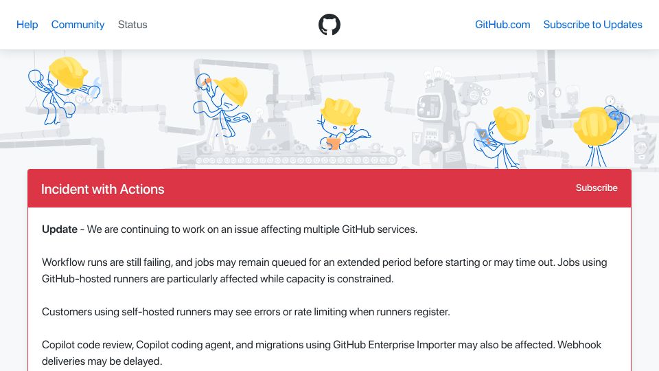 Screenshot of githubstatus.com: GitHub Is Experiencing Difficulties