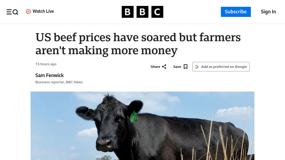 Screenshot of bbc.com: US beef prices have soared but farmers aren't making more money