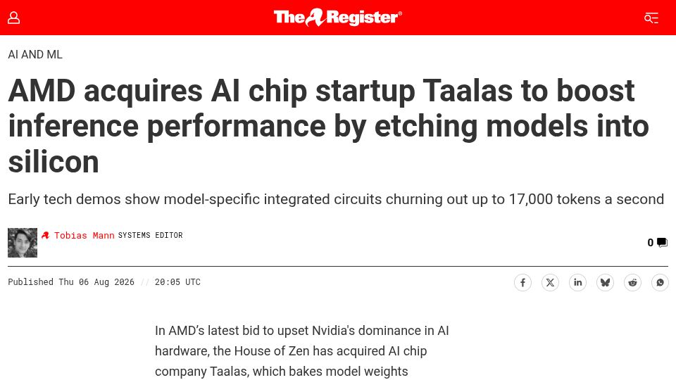 Screenshot of theregister.com: AMD acquires Taalas to boost inference performance by etching models in silicon