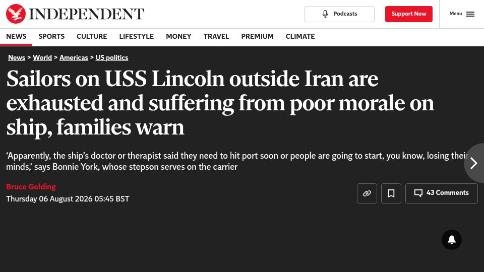Screenshot of independent.co.uk: Sailors on USS Lincoln outside Iran are exhausted and suffering from poor morale
