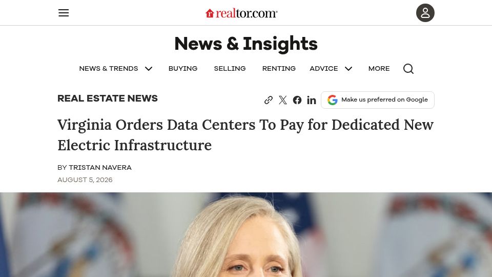 Screenshot of realtor.com: Virginia Orders Data Centers to Pay for Dedicated New Electric Infrastructure