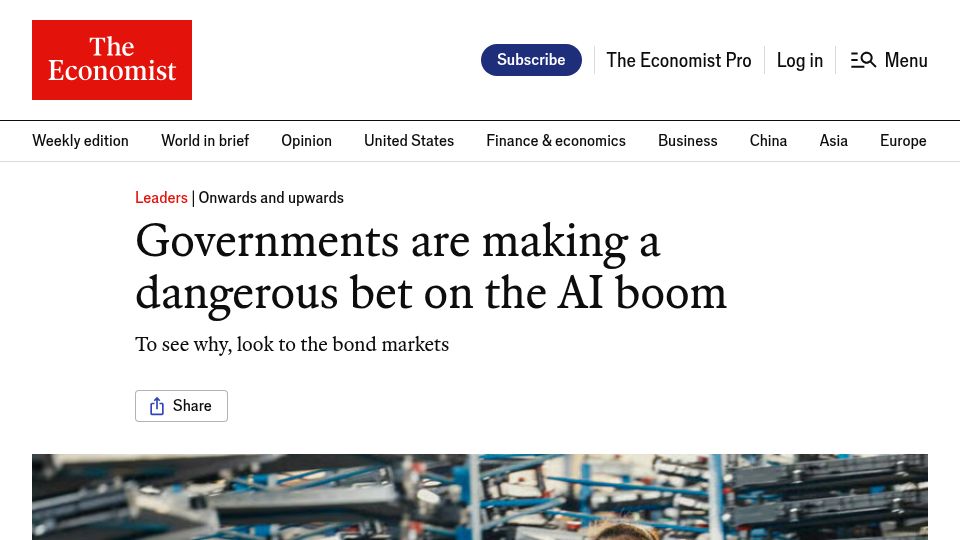 Screenshot of economist.com: Governments are making a dangerous bet on the AI boom