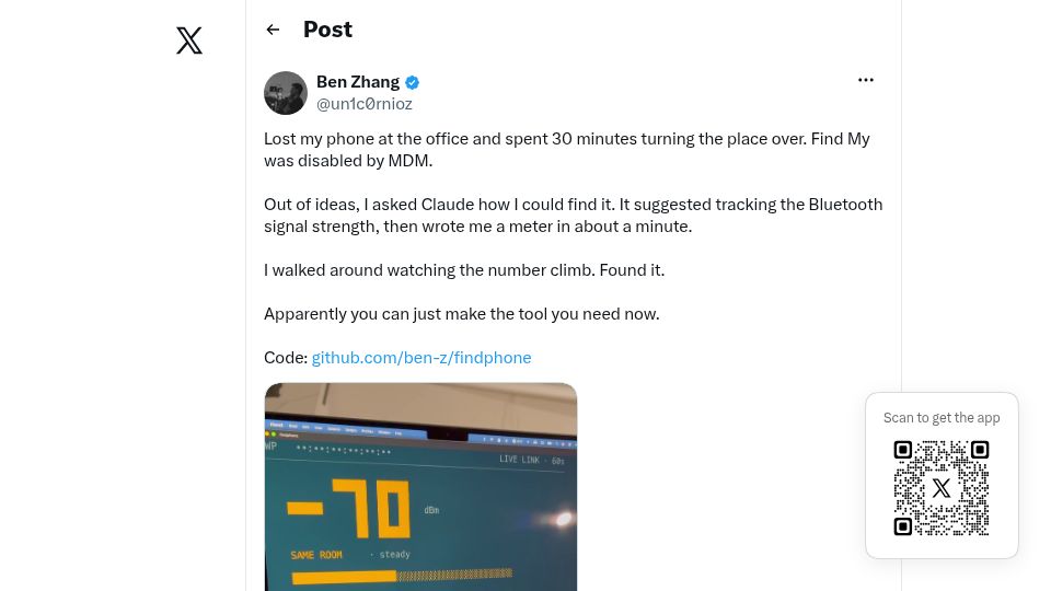 Screenshot of twitter.com: Lost my phone at the office. Claude suggested tracking Bluetooth signal strength