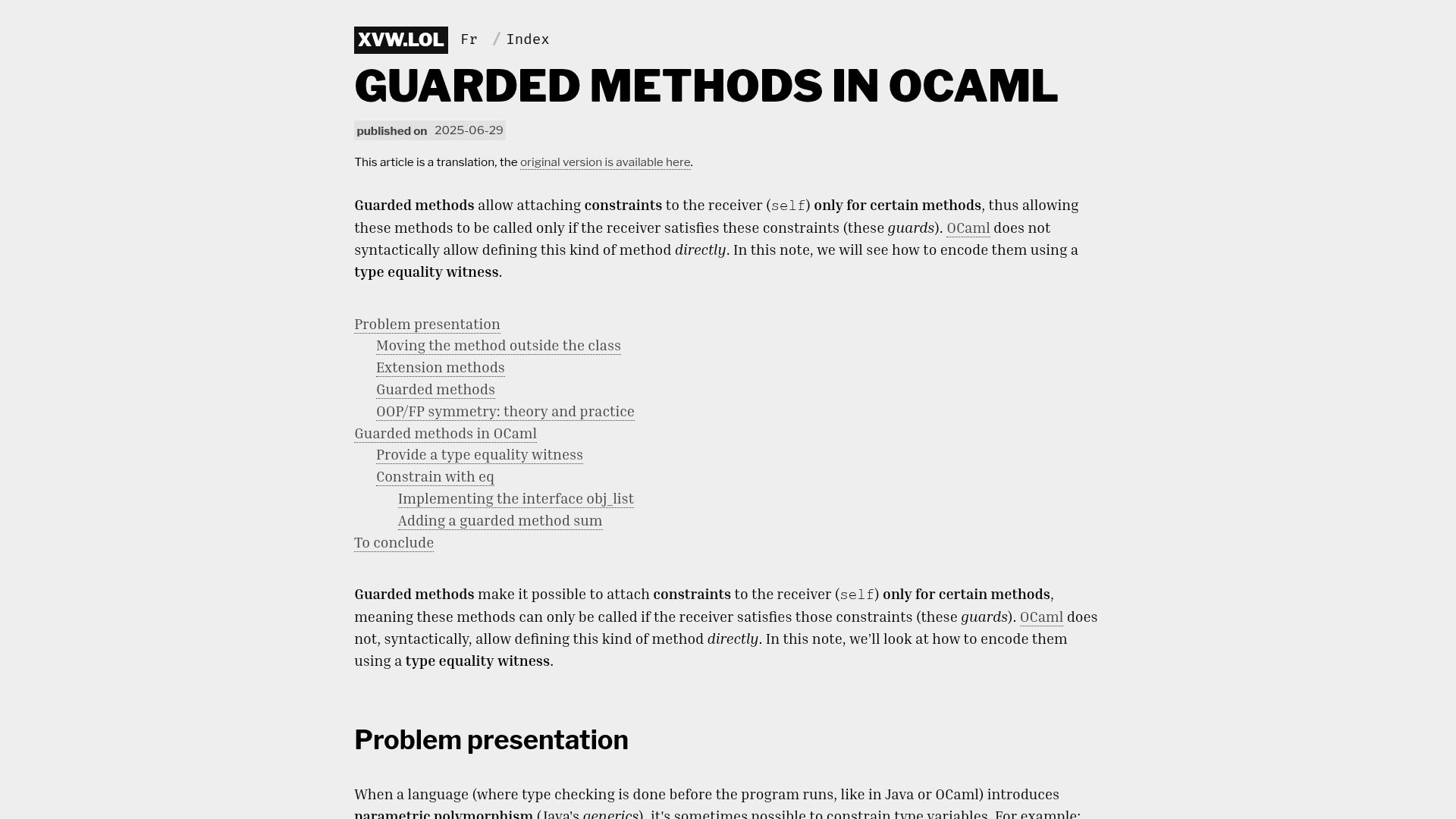 Screenshot of xvw.lol: Guarded Methods in OCaml (2025)