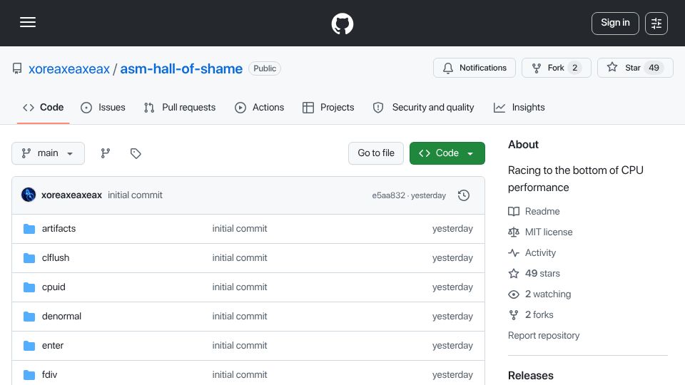 Screenshot of github.com: Assembly Hall of Shame