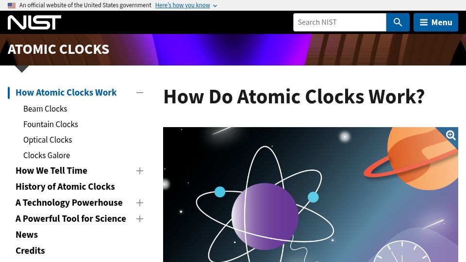 Screenshot of nist.gov: Atomic Clocks