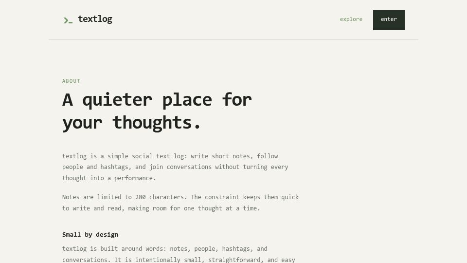 Screenshot of textlog.cc: Show HN: textlog – A quiet, text-only microblogging platform, open-source, no JS