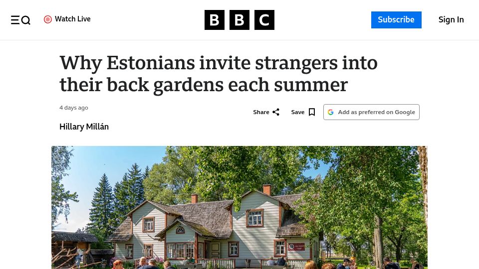 Screenshot of bbc.com: Why Estonians invite strangers into their back gardens each summer
