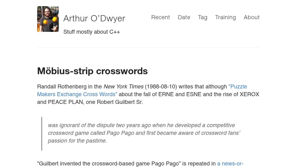 Screenshot of quuxplusone.github.io: Möbius-Strip Crosswords
