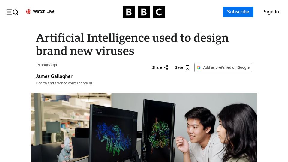 Screenshot of bbc.co.uk: Artificial Intelligence used to design new viruses