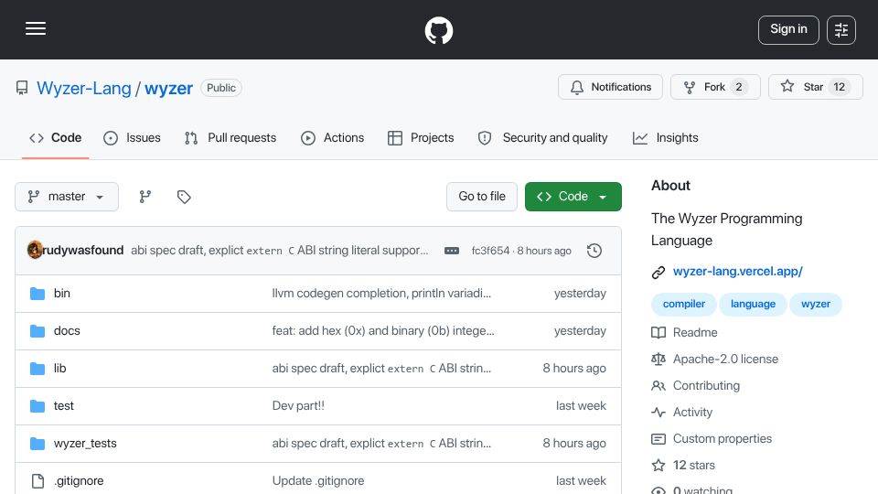 Screenshot of github.com: Show HN: Wyzer Programming Language
