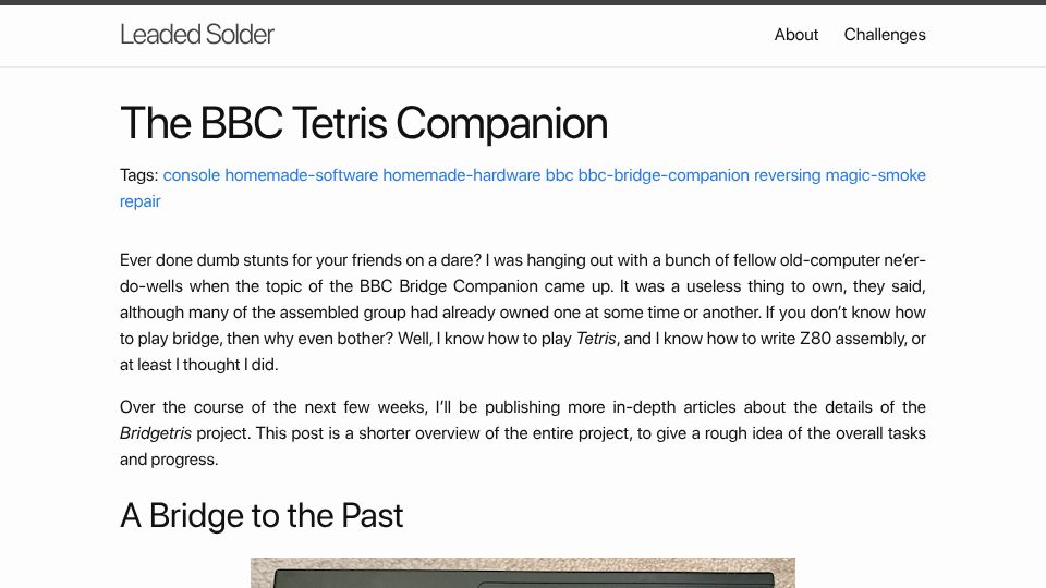 Screenshot of leadedsolder.com: The BBC Tetris Companion