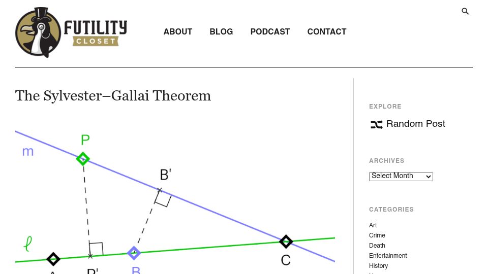 Screenshot of futilitycloset.com: The Sylvester–Gallai Theorem