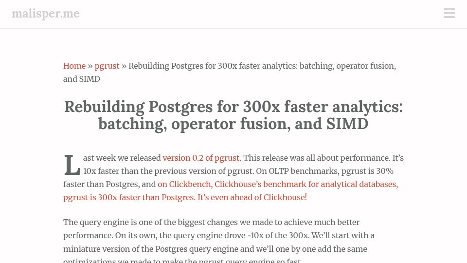 Screenshot of malisper.me: Making Postgres 300x faster for analytics: batching, operator fusion, and SIMD