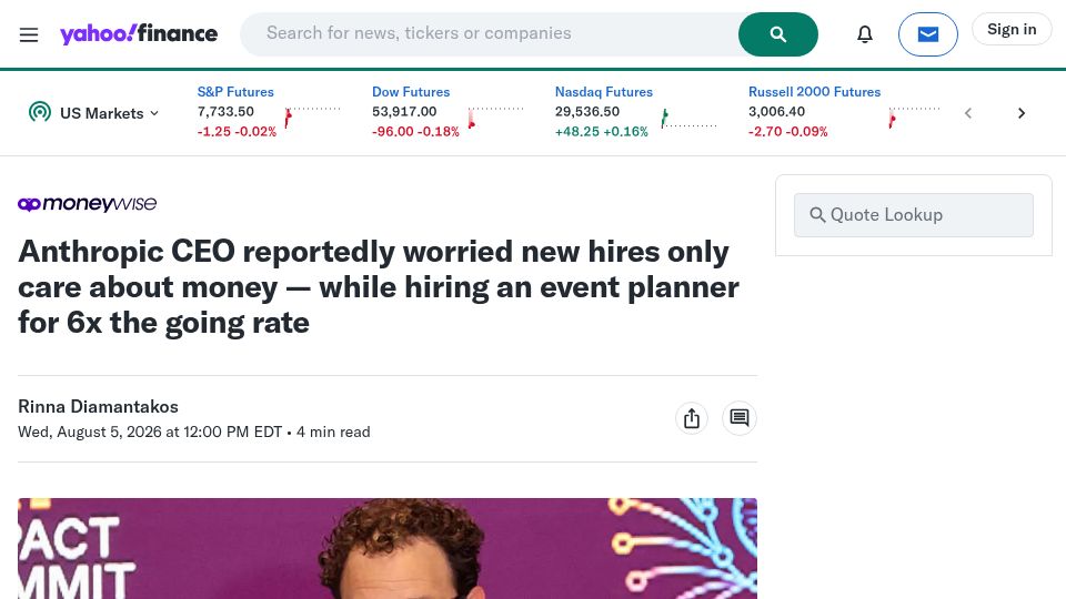 Screenshot of finance.yahoo.com: Anthropic CEO reportedly worried new hires only care about money