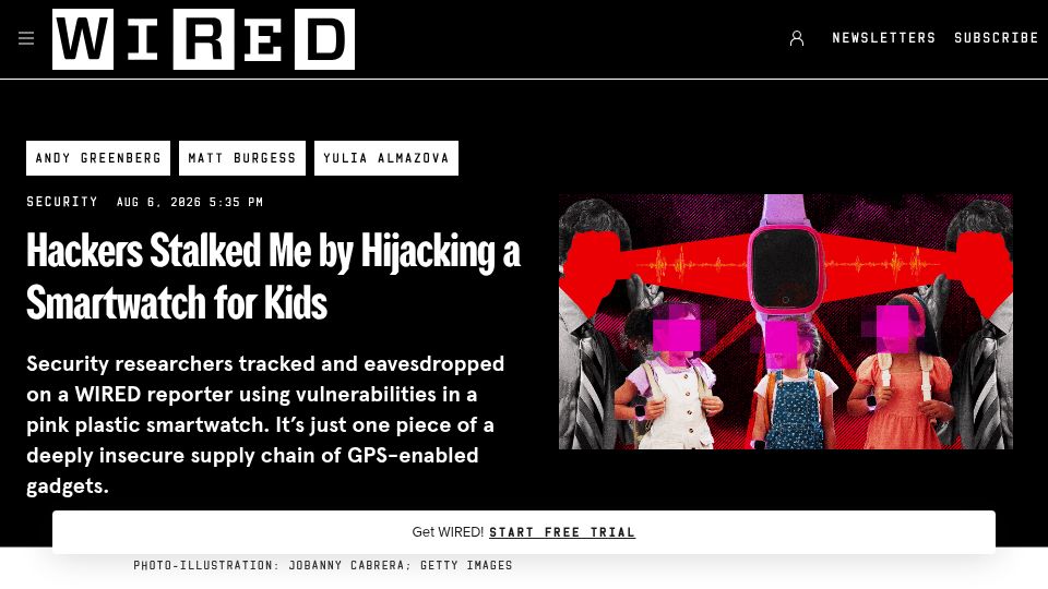 Screenshot of wired.com: Hackers Stalked Me by Hijacking a Smartwatch for Kids
