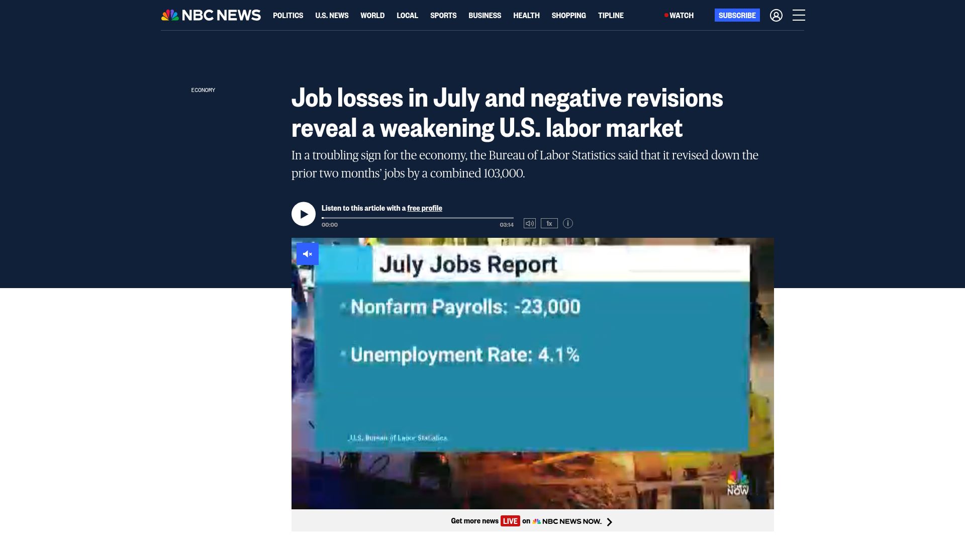 Screenshot of nbcnews.com: U.S. economy lost 23,000 jobs in July, a sudden reversal