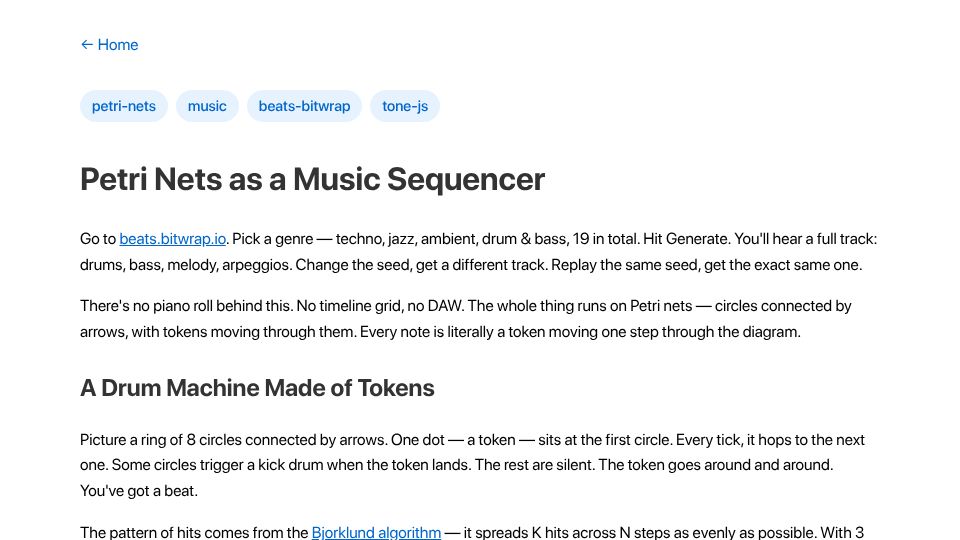 Screenshot of blog.stackdump.com: Petri Nets as a Music Sequencer