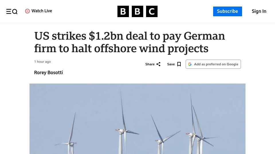 Screenshot of bbc.com: US strikes $1.2B deal to pay German firm to halt offshore wind projects