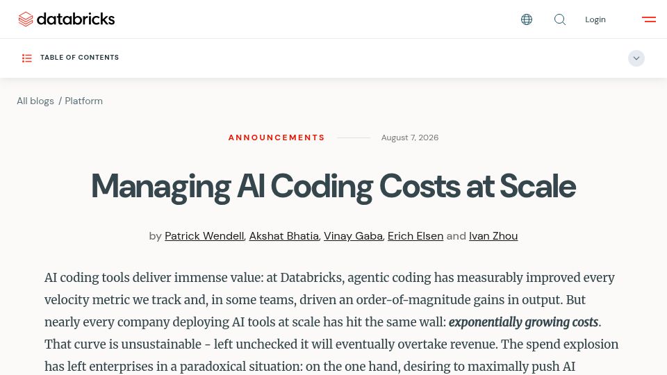 Screenshot of databricks.com: Managing AI Coding Costs at Scale