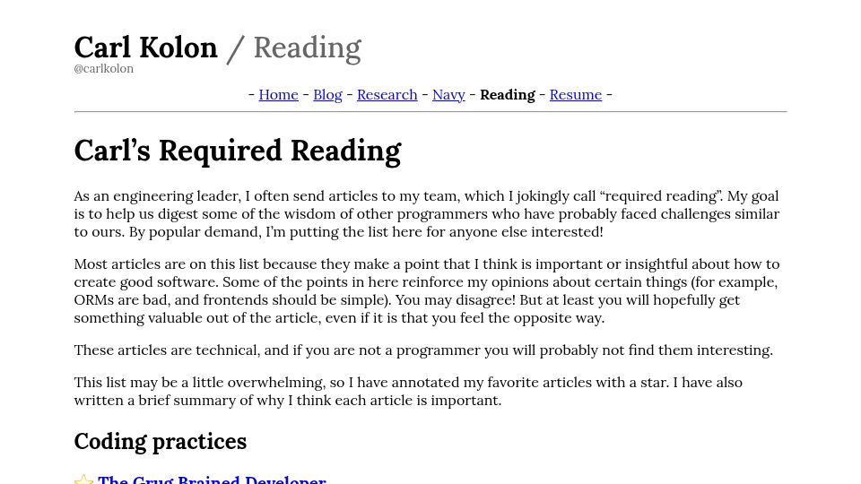 Screenshot of carlkolon.com: Carl's Required Reading