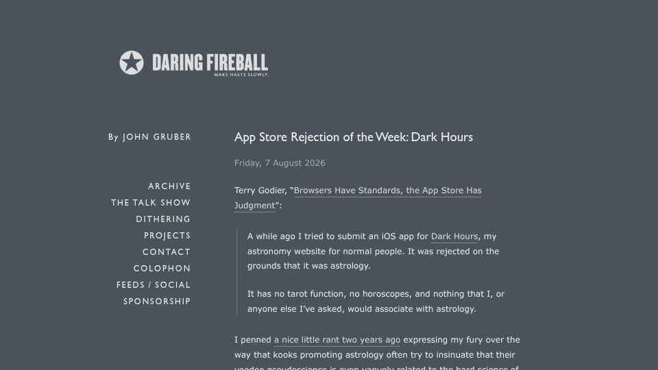 Screenshot of daringfireball.net: App Store Rejection of the Week: Dark Hours