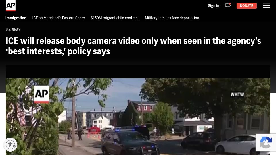 Screenshot of apnews.com: ICE will release body cam video only when seen in the agency's 'best interests'