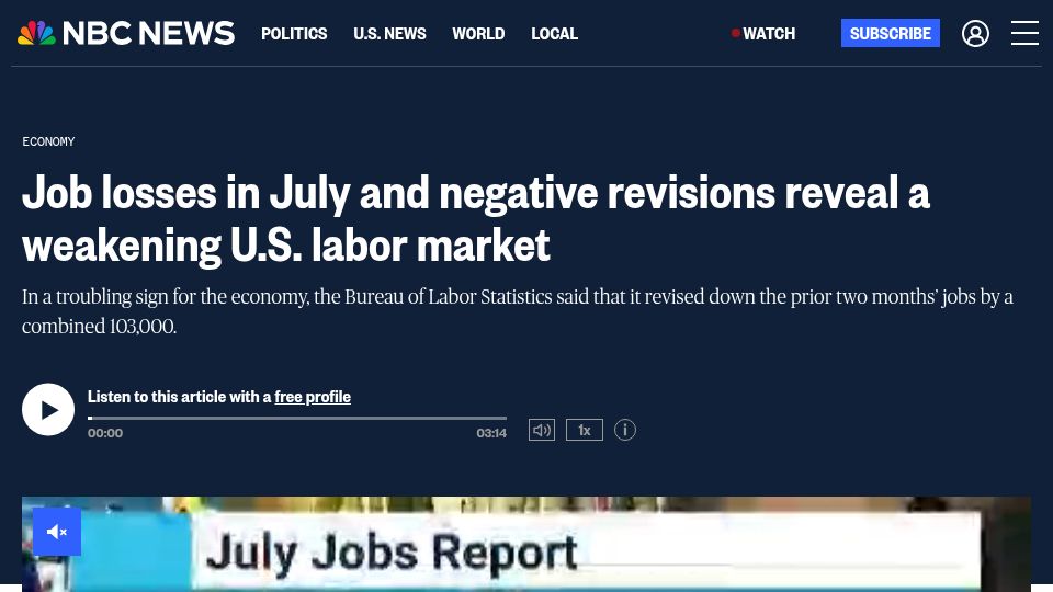 Screenshot of nbcnews.com: U.S. economy lost 23,000 jobs in July, a sudden reversal
