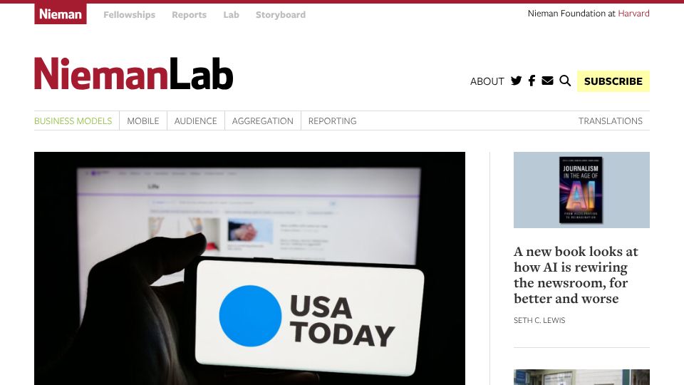 Screenshot of niemanlab.org: USA Today Co., partners with Palantir to analyze audience data