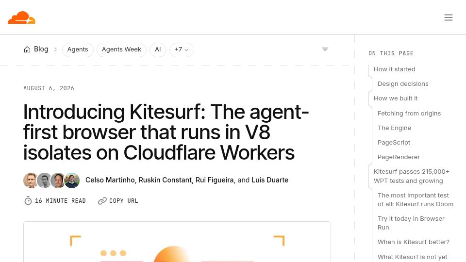Screenshot of blog.cloudflare.com: Kitesurf: Agent-first browser that runs in V8 isolates