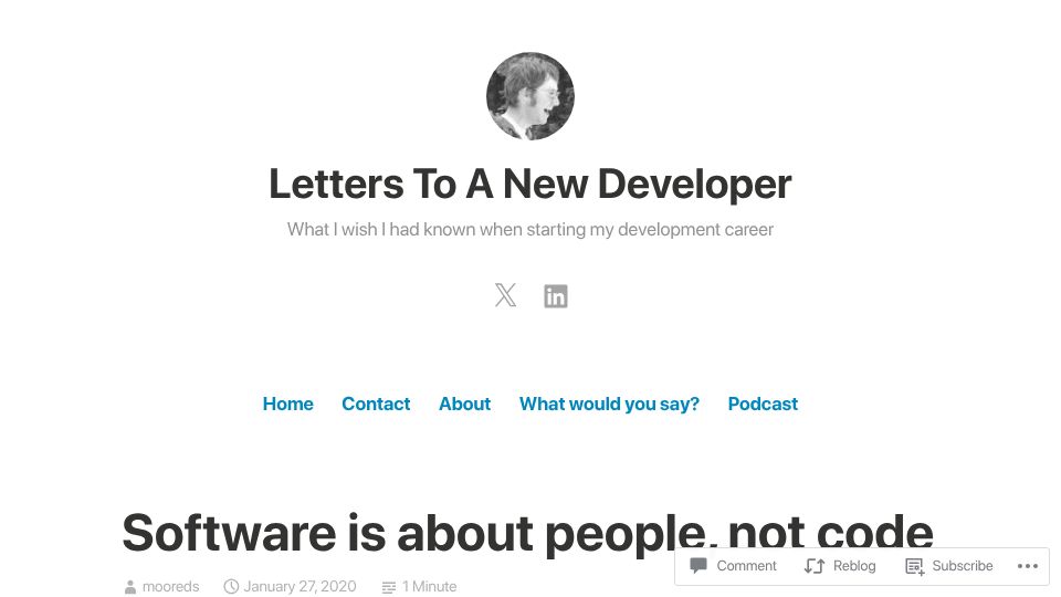 Screenshot of letterstoanewdeveloper.com: Software is about people, not code (2020)