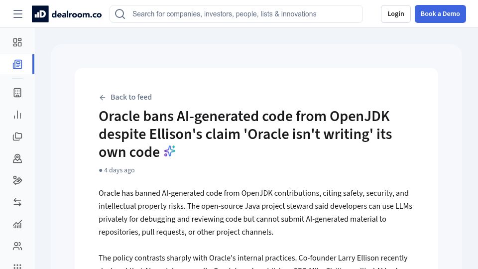 Screenshot of app.dealroom.co: Oracle bans AI-generated code from OpenJDK