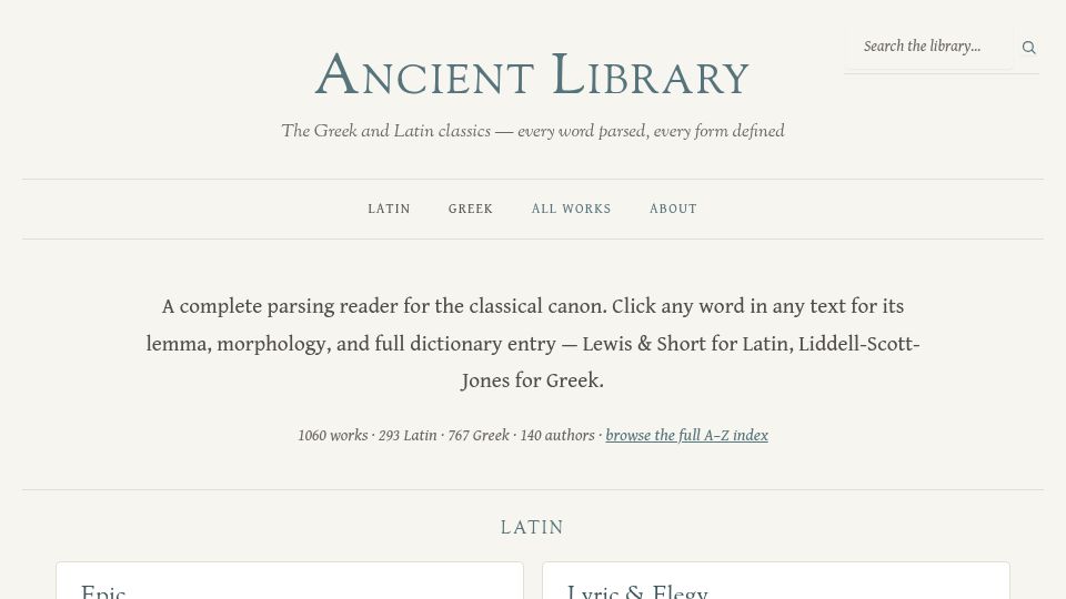 Screenshot of ancientlibrary.net: Ancient Library – 1,060 Greek/Latin texts, click any word to parse it