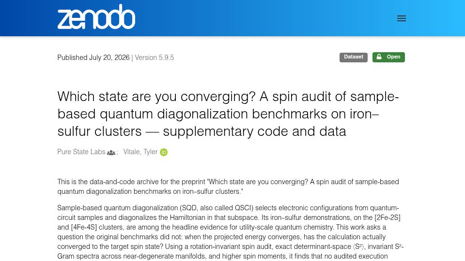 Screenshot of zenodo.org: Spin audit of SQD/QSCI quantum-chemistry benchmarks on iron–sulfur clusters