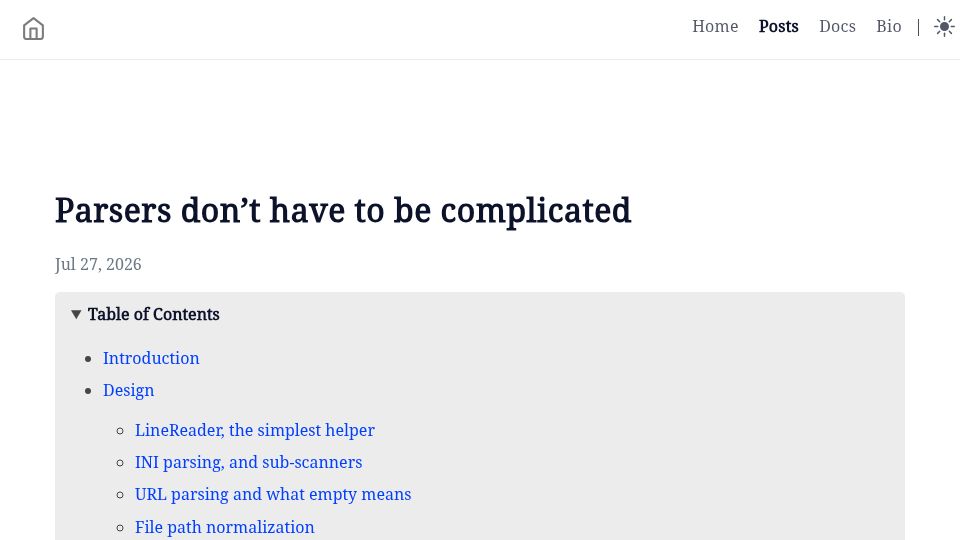 Screenshot of bkaradzic.github.io: Parsers don't have to be complicated
