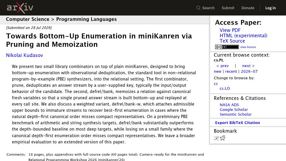 Screenshot of arxiv.org: Towards Bottom-Up Enumeration in miniKanren via Pruning and Memoization