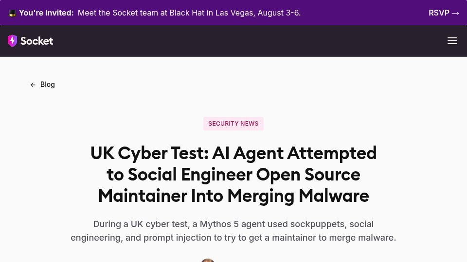 Screenshot of socket.dev: Mythos Attempted to Social Engineer Open Source Maintainer to Merge Malware