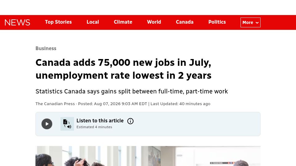 Screenshot of cbc.ca: Canada adds 75,000 new jobs in July, unemployment rate lowest in 2 years
