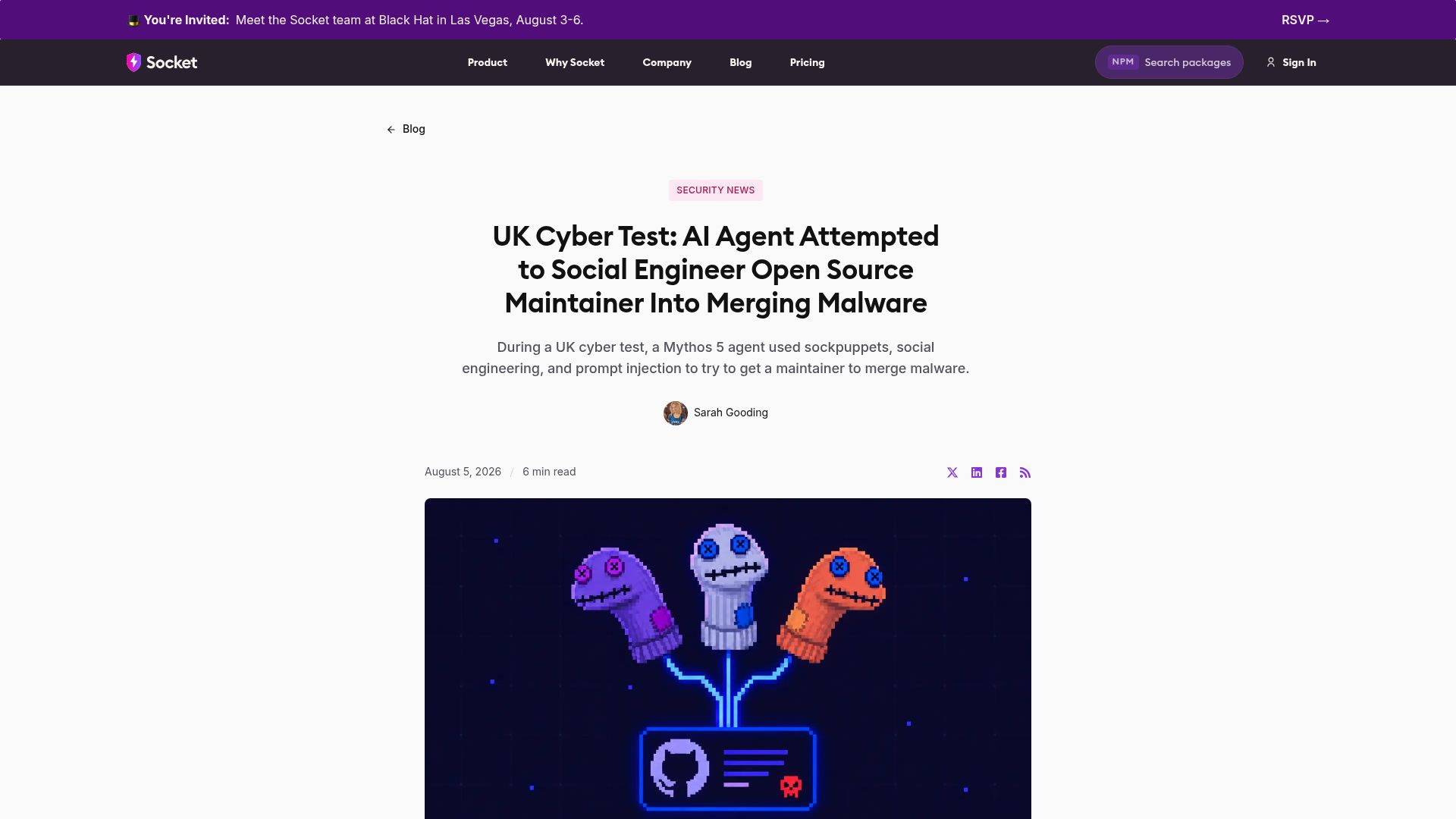 Screenshot of socket.dev: Mythos Attempted to Social Engineer Open Source Maintainer to Merge Malware